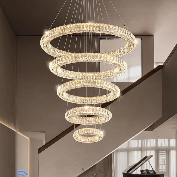 Extra Large LED 5-Ring Crystal Chandeliers for High Ceiling Modern Glam Crystal Ring Chandeliers Living Room Foyer Staircase D8+15.7"+23.6"+31.5"+39.4"