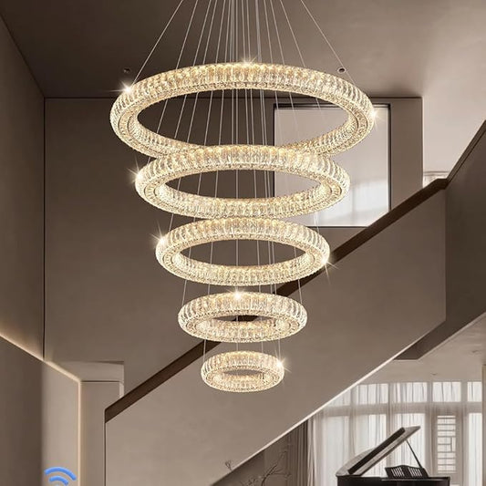 Extra Large LED 5-Ring Crystal Chandeliers for High Ceiling Modern Glam Crystal Ring Chandeliers Living Room Foyer Staircase D8+15.7"+23.6"+31.5"+39.4"