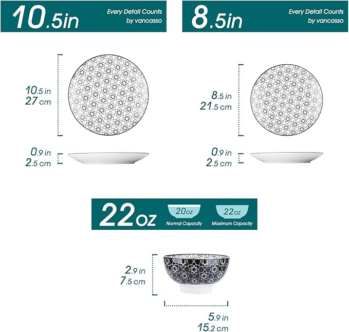 vancasso Haruka 12 Pieces Plates and Bowls Set, Ceramic Dinnerware Sets for 4, Black and White Porcelain Dishes Set