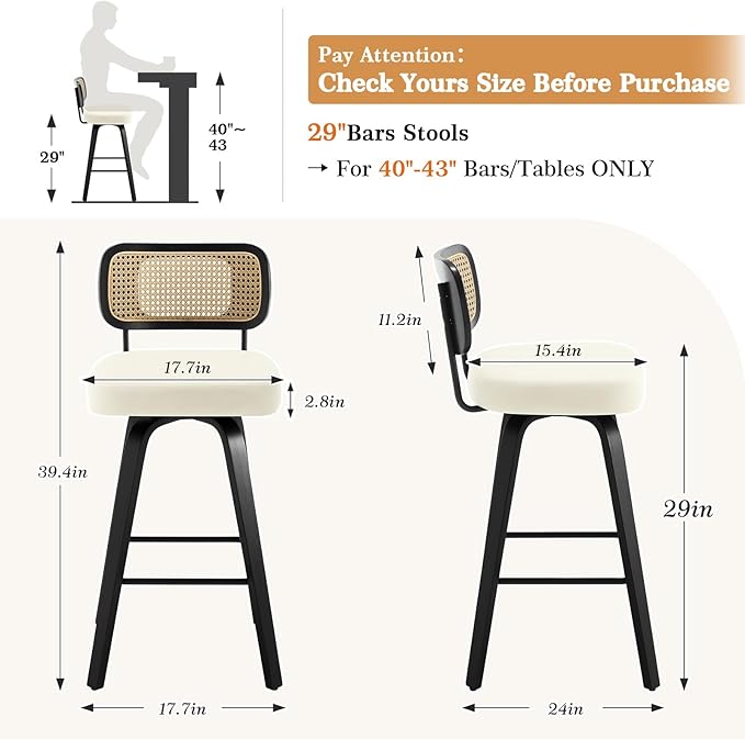 Swivel Bar Height Stools Set of 4, Upholstered Faux Leather Barstools with Rattan Back, 29" Seat Height Tall Bar Stools for Kitchen Counter, Black Wood Frame, Cream White