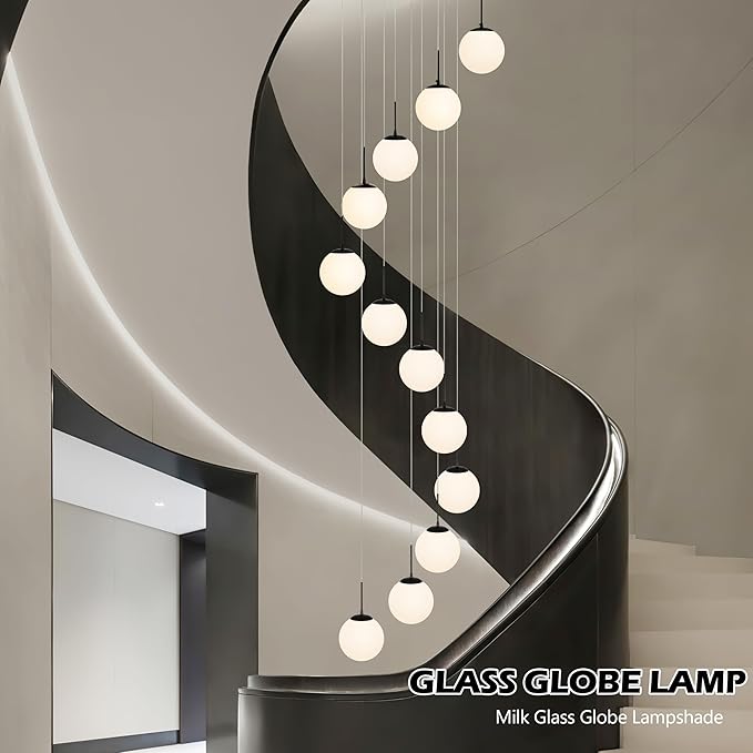 KoKo&Yukina 12-Light Black Mid Century Modern Chandelier for Living Room Staircase Chandelier for Entryway Globe Milky White Glass Pendant Light High Ceiling Chandeliers Foyer (Bulb & Remote Incl.)