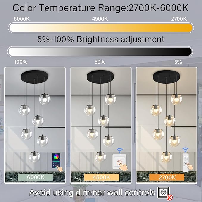 H 87in Modern Glass Globe Chandelier 6-Lights Glass Pendant Light for Staircase Black Globe Chandelier Clear Glass Hanging Lighting for Living Room Bedroom Entryway