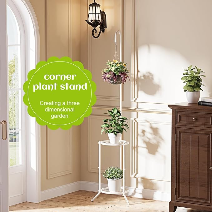 Plant Stand with Hooks Indoor Outdoor Corner Tall Plant Stand Heavy-Duty Metal 3-Tier Plant Shelf Holder Rack for Patio Garden Balcony Living Room Bedroom(semicircular White)