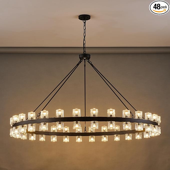60 Inch Black Wagon Wheel Chandelier with Crystal Shade, 60 Lights, Modern Farmhouse Style, Ideal for Dining Room, Kitchen, Entryways