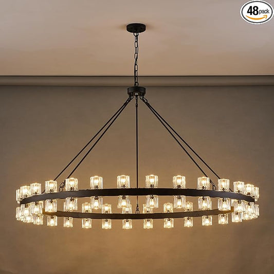 60 Inch Black Wagon Wheel Chandelier with Crystal Shade, 60 Lights, Modern Farmhouse Style, Ideal for Dining Room, Kitchen, Entryways