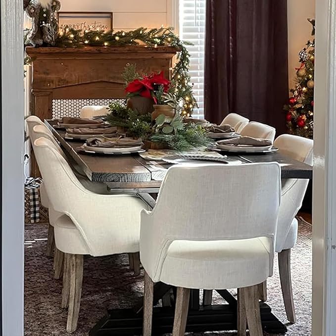 Linen Dining Chairs Set of 6, Upholstered Farmhouse Kitchen Chair Accent Chairs Side Chair with Wood Legs for Living Room/Dining Room/Bedroom/Restaurant, Upgraded Size, Cream