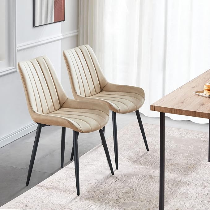 TUKAILAi Faux Leather Dining Chairs Set of 4, Modern Linear Design Kitchen Chairs with Upholstered Seat and Metal Legs, Comfortable Side Chairs for Dining Room Restaurant Commercial (Cream)