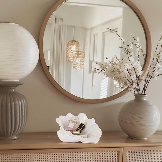 White Large Shell Bowl Decorative – 11" Ceramic Clam Shell Dish for Home Decor, Coastal Large Sea Shell Bowl for Bathroom Vanity, Entryway, or Dresser, Jewelry Holder, Key Tray, Fruit Bowl