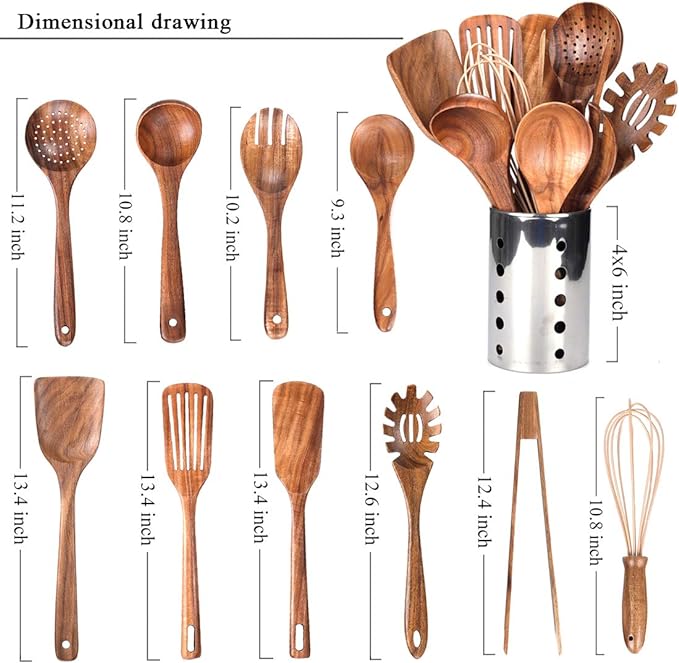 Kitchen Utenails Set with Holder,Kitchen Wooden Utensils for Cooking, Wood Utensil Natural Teak Wood Spoons for Cooking,Wooden Kitchen Utensil Set With Spatula and Ladle (11)