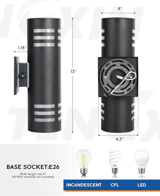 TENGXIN Outdoor Wall Lights, 2-Pack Dusk to Dawn Modern Outdoor Wall Sconce with Stainless Steel Cylinder, Black Finish Wall Mount Light,IP65 Waterproof