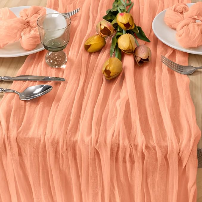 MLMC 3 Pack Peach Cheesecloth Table Runner 10ft Rustic Gauze Cheese Cloth Table Runner 35x120 Inches for Fall Wedding Bridal Baby Shower Party Decor