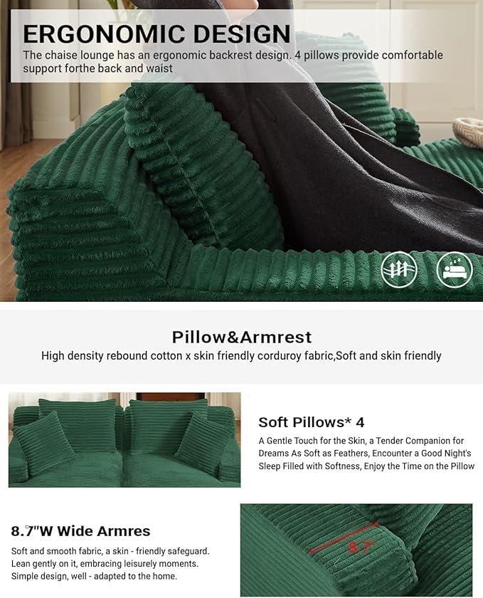 Oversized Double Chaise Lounge, Corduroy Boneless Couch, Modern Oversized Chaise Lounge, Upholstered Sleeper Sectional Sofa Daybed with Throw Pillows and Armrest for Living Room, Green