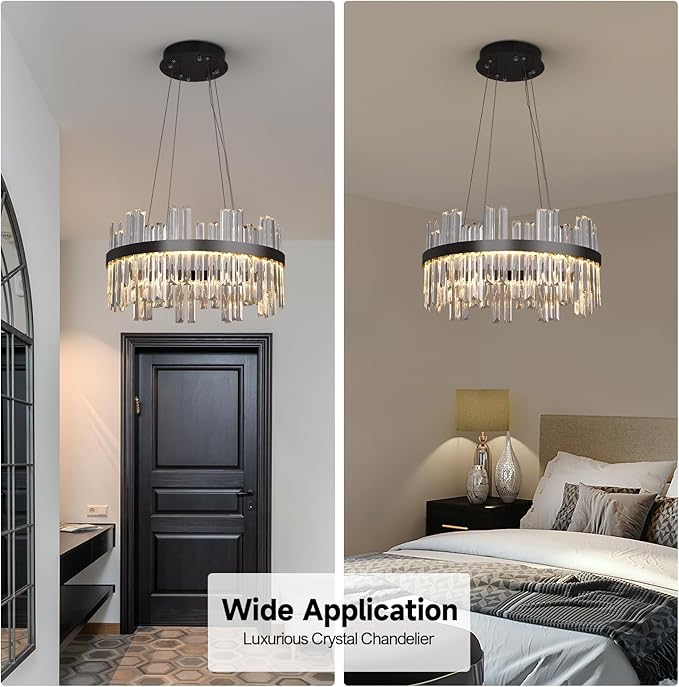 Black Led Modern Crystal Chandelier: 19.7" Round Contemporary 3 Color Dimmable Dining Room Light Fixture over Table - Adjustable Lighting Chandeliers for Bedroom Living Kitchen Island Entryway Foyer