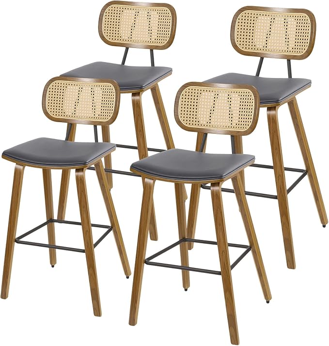 Counter Height Bar Stools Set of 4, Mid Century Modern Counter Stools, 26" Wood Kitchen Stool PU Leather Upholstered Barstools with Rattan Back, Counter Height Island Dining Bar Chair, Grey