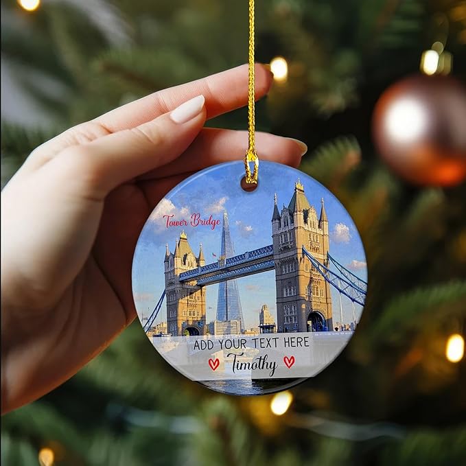 Personalized London Tower Bridge Ceramic Ornament Christmas 2025, United Kingdom London Tower Bridge Travel Xmas Tree Hanging Ornament, Custom Text/Name UK England Vacation Ornaments Keepsake Gifts