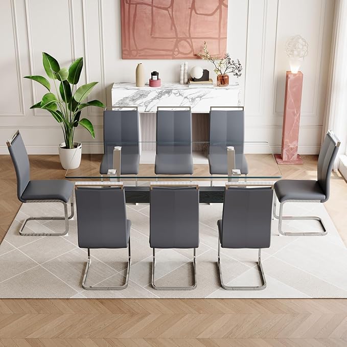 9 Piece Glass Dining Table Set, Kitchen Table Chairs Set for 8, 71'' Dining Table with 0.4" Tempered Glass Tabletop with Plated Metal Legs and MDF Crossbar, 8 PU Chairs for Dining Room, Kitchen.