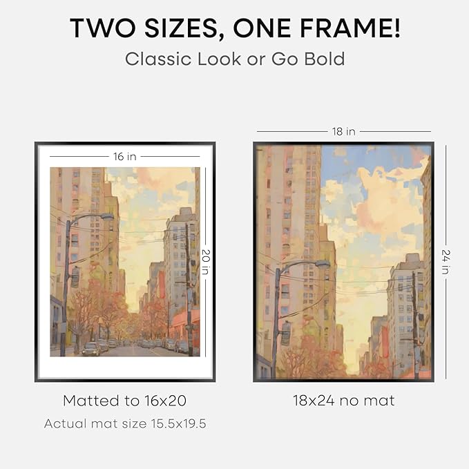 Homeforia 18x24 Poster Frame Black, High End Metal 18 x 24 Picture Frames with Mat 16 by 20 inch Photo, 18x24 Black Frame Matted to 16x20 Print, 24x18 Hanging Frame, Tempered Glass, Wall Kit, Set of 2