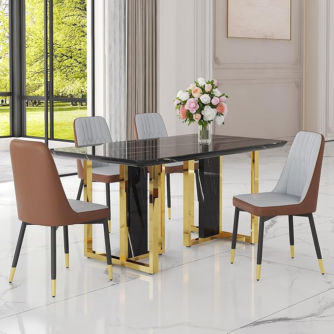 TesNus 63" Black Dining Table Set for 4 with Chairs,Modern Faux Marble Rectangular Kitchen Table and Chairs Set Luxury 5 Piece Dining Room Set with Gold Metal Legs,Easy Assemble,Stable Base