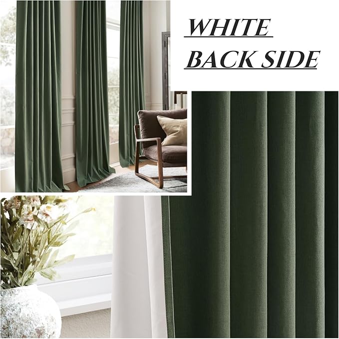 Lush Decor 120 Inch/10ft Long Insulated Back Tab Pinch Pleated Curtains, Linen Olive Green Linen Blackout Window Drapes 2 Panels, Room Darkening Extra Long Tall Curtains for Living Room