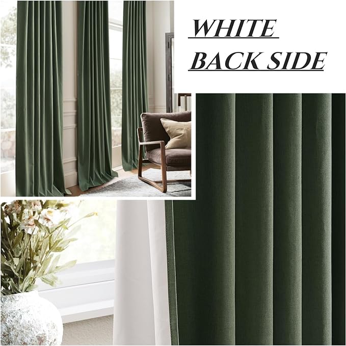 100 Inch Curtains for Classroom, 100 Percent Blackout Thermal Window Curtains for Sliding Glass Door Dark Olive Green Moody Heavy Duty Drapes Linen Pinch Pleated (40W x 100 x 2 Panels)