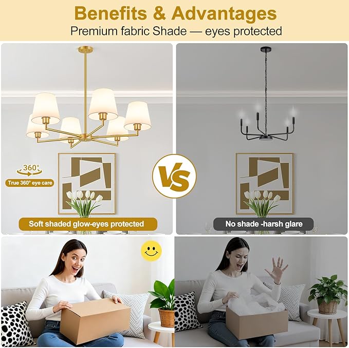 36" Gold Chandelier for Dining Room Light Fixture (6-Light, 36-Inch), Adjustable Linear Gold Dining Room Chandelier with White Fabric Shade, Linear Pendant Light Fixture for Kitchen Bulb Not Included