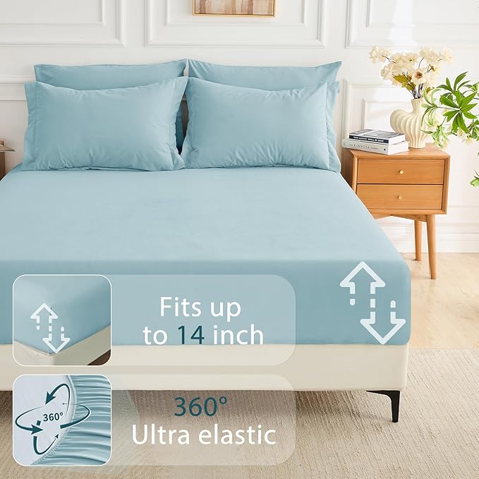 MUXHOMO 7 Pieces Full Comforter Set, Soft Bed in a Bag Full Size, All Season Bedding Set with Comforter, Flat Sheet, Fitted Sheet, Pillowcases & Shams, Lake Blue