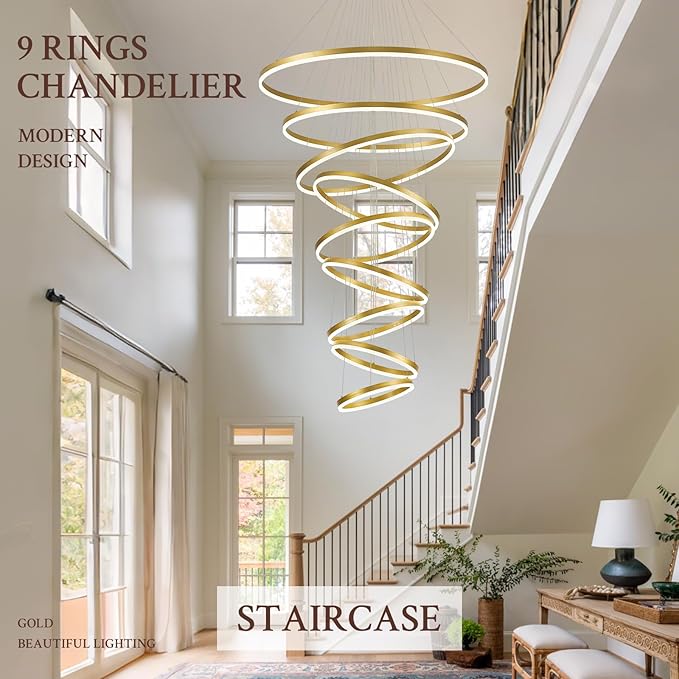 9-Rings D39.4’’ Modern LED Chandelier Gold Dimmable Foyer Chandeliers Entryway High Ceiling Chandelier with Remote Control for Staircase Entryway Living Room Foyer, 3000K-6500K