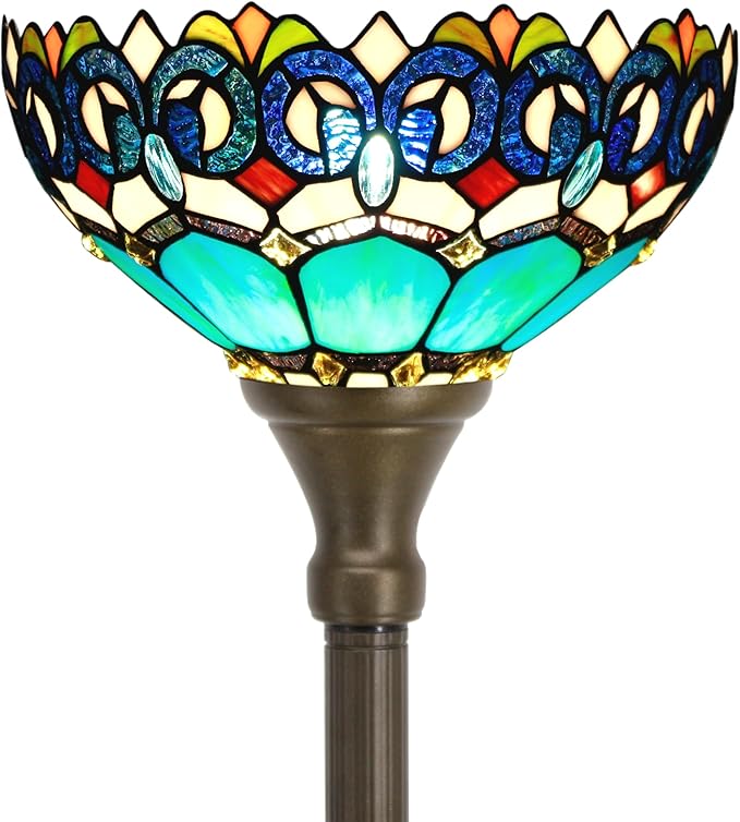 Tiffany Floor Lamp Torchiere Stained Glass Torch Lamp 12X12X67 Inch Antique Standing Corner Light (Blue Jewelry Baroque)