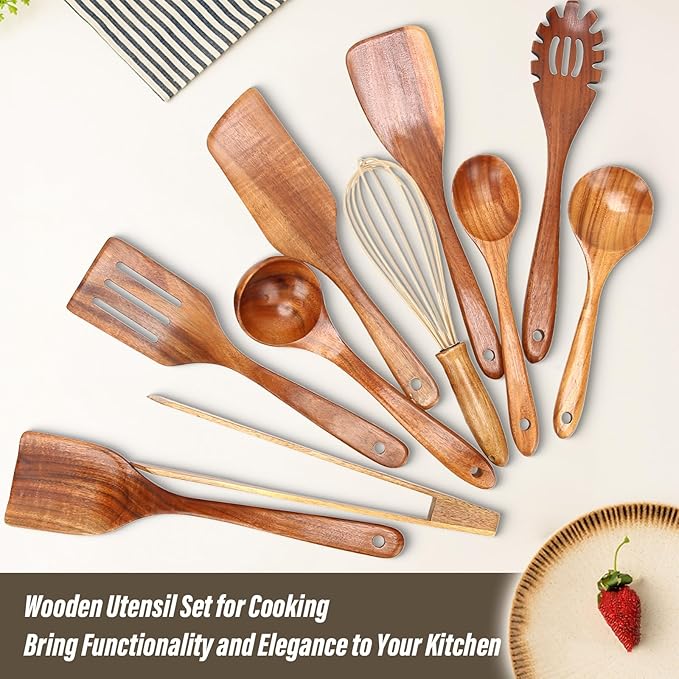ANBUY Wooden Kitchen Utensil Set, 10 Pcs Wooden Spoons for Cooking, Non Toxic Teak Wood Utensils Set for Serving, Mixing and Frying, BPA Free Wood Spatula, Turner, Ladle, Tongs and Whisk