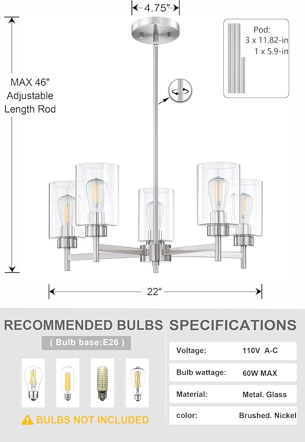 Doraimi Lighting 5 Light Chandelier Clear Glass Shades Classic Style Ceiling Pendant Light Fixture Brushed Nickel Finish for Meeting Room Dining Room Over Table Living Room