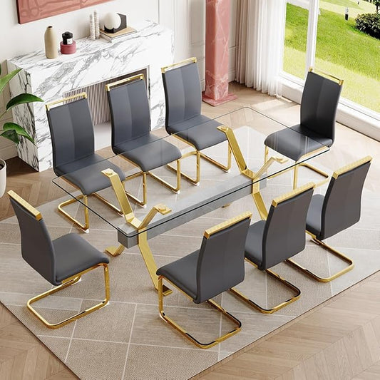 9 Piece Glass Dining Table Set, Kitchen Table Chairs Set for 8, 71'' Dining Table with 0.4" Tempered Glass Tabletop with Plated Metal Legs and MDF Crossbar, 8 PU Chairs for Dining Room, Kitchen.