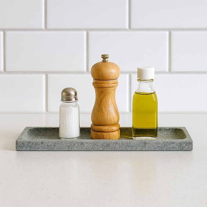 Green Marble Tray for Bathroom Countertop - Rectangular Natural Stone Organizer with Sandblasted Finish, Catchall Vanity Tray for Dresser, Entryway, Makeup & Jewelry | 10.6"x3.5"