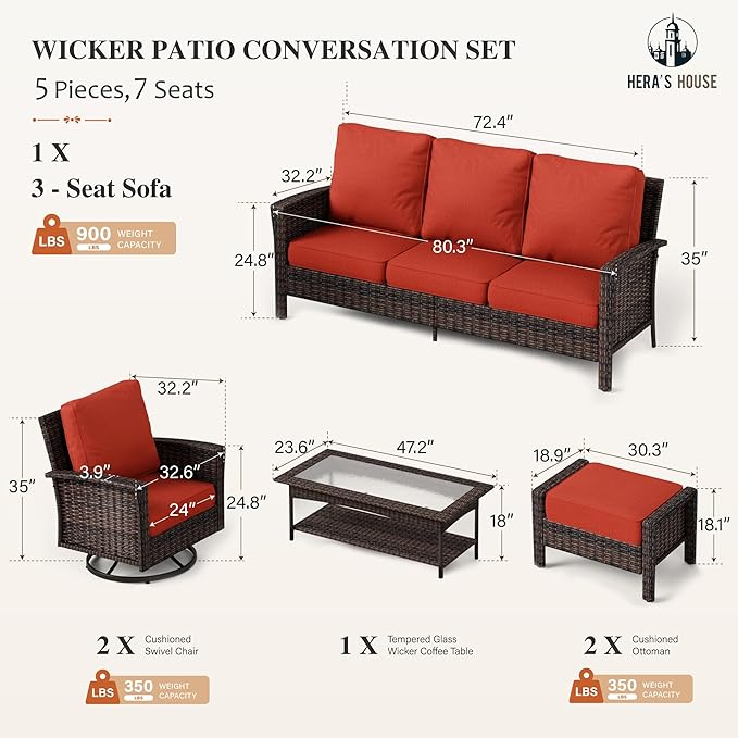 HERA'S HOUSE Red Outdoor Furniture Set with 35" High Back Swivel Chairs, Wicker Patio Conversation Sets with 5.5" Waterproof Cushions for Deck Lawn Yard