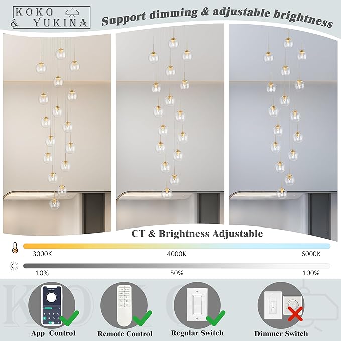 KoKo&Yukina 16-Light Gold Mid Century Modern Chandelier for Living Room Staircase Chandelier for Entryway Clear Globe Glass Chandelier High Ceiling Chandeliers Foyer Entryway (Bulb & Remote Incl.)
