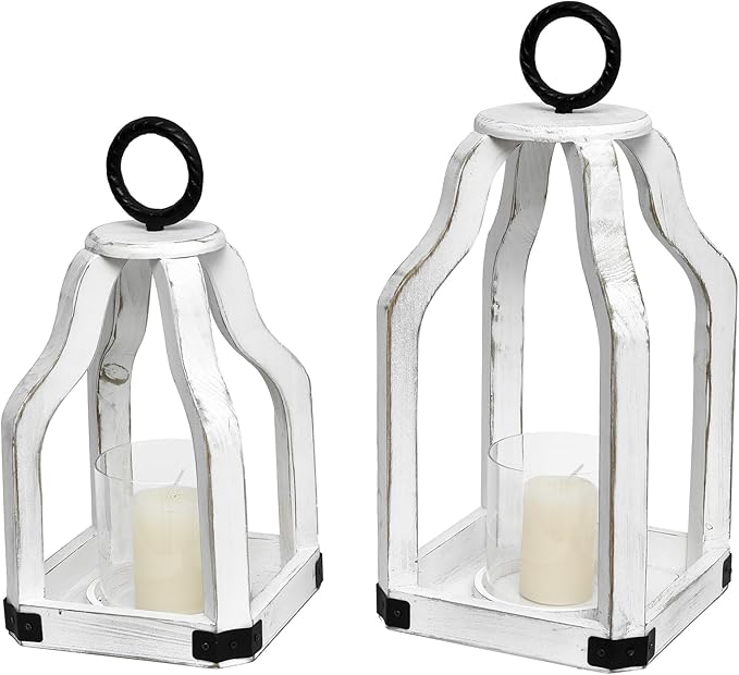 SWALLOWLIVING Rustic Farmhouse Wood Candle Hurricane Lantern with Glass Candlestick Holder for Patio, Table Centerpiece, White, Set of 2