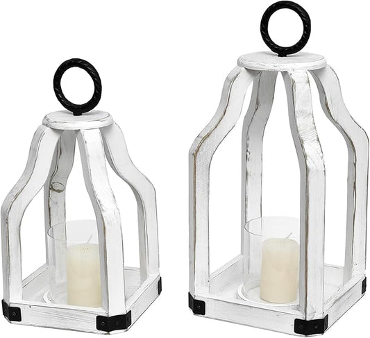 SWALLOWLIVING Rustic Farmhouse Wood Candle Hurricane Lantern with Glass Candlestick Holder for Patio, Table Centerpiece, White, Set of 2