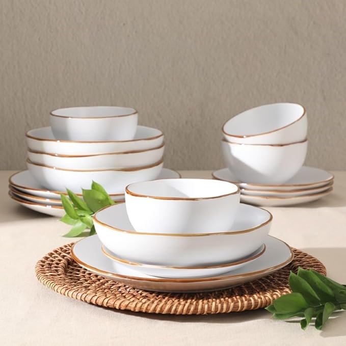 Gibson Home Hazeltine 16 Piece Plates and Bowls Dishes Stoneware Ceramic Dinnerware Set - White