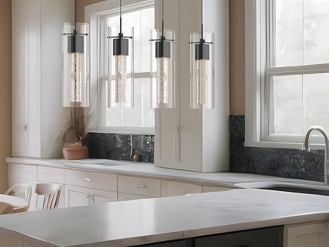 Alice 4-Light Chandelier Pendant Ceiling Light, Integrated Led and Bubble Glass, for Kitchen Island, Hallway, Entryway, Passway, Dining Room, Bedroom, Balcony Living Room (Black)