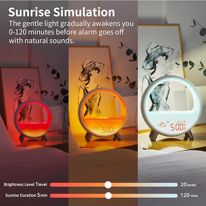 MOMILLA Smart Alarm Clock with Wireless Charging Station, Wake up Light w/Bluetooth Speaker, Compatible with Airpods/iPhone, APP Control White Noise Sound Machine, Sunrise Alarm Clocks for Bedrooms