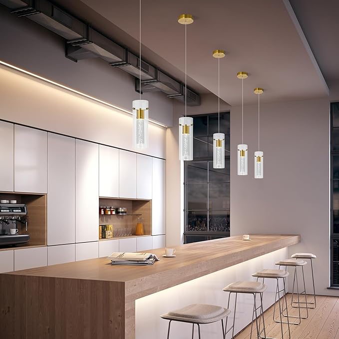 Pendant Ceiling Light Fixture for Kitchen Island, Gold Pendant Light Integrated LED Hanging Light with Crystal Bubble Glass Pendant Light Modern Pendant Lights Kitchen Island (1-Pack)