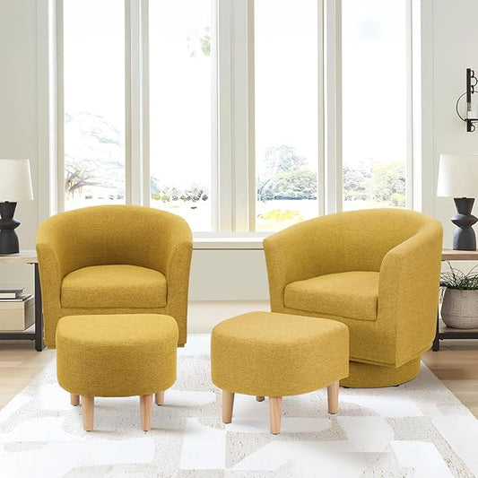 DAZONE Swivel Accent Chair Set of 2 with Ottoman, Modern Upholstered Barrel Armchairs with 360° Swivel Base, Comfortable Club Chairs for Living Room, Bedroom, Reading Nook, Yellow