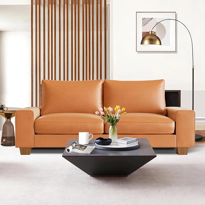 Faux Leather Couch, Mid Century Modern Comfy Loveseat Sofa with Wide Arm, Side Pockets, Solid Wooden Frame for Office, Living Room and Bedroom, 2 Seater (Brown, 71.25 Inches)
