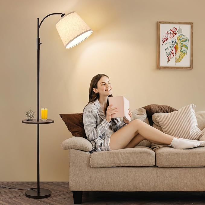 AIDENOEY Fully Dimmable Floor Lamp for Living Room，Standing Lamp Rotary Switch with Table&Linen Beige Shade，Black Tall Lamps for Bedroom with Adjust Head，9W LED Bulb Included