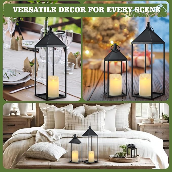 17" 13" Modern Farmhouse Candle Lantern Decor Set of 2 Black Metal Candle Lanterns with Flameless Candles, Lanterns Decorative Indoor for Fireplace Mantle Table Outdoor Lanterns for Patio Porch Garden