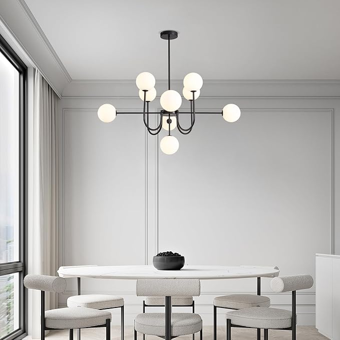 Black Chandeliers 9 Lights Modern Globe Pendant Light Hanging Ceiling Light,Mid Century Bubble Chandelier White Glass Globe Pendant Lighting for Kitchen Island,Dining Room,Bedroom,Living Room.