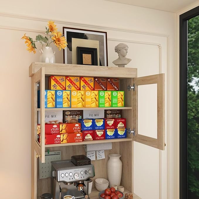71" Farmhouse Kitchen Pantry Cabinet Set of 3, Brown Freestanding Coffee Bar with Glass Doors, Microwave Stand, Large Storage Hutch with Adjustable Shelves for Kitchen or Living Room