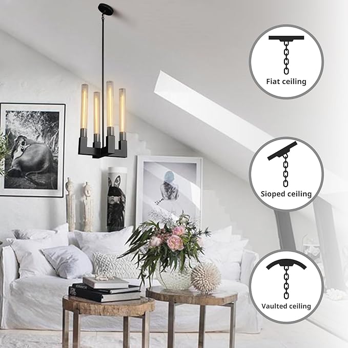 Glass Tube Black Pendant Lights Kitchen Island, Adjustable Cord Modern Pendant Light Fixtures,Kitchen Pendant Lighting Over Island,Indoor Chandeliers for Bedroom, Included Bulb