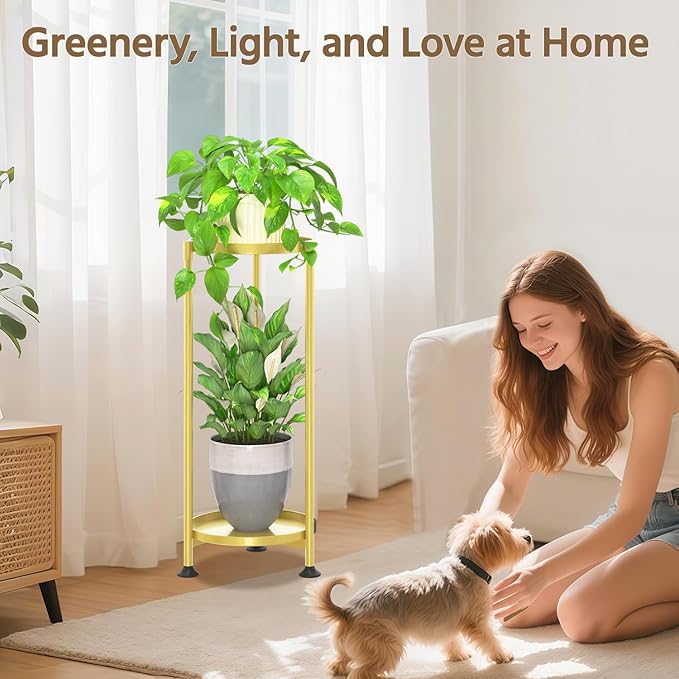 LASZOLA 2 Tier Gold Plant Stand Indoor for Large Tall Heavy Duty Flower Planter, Metal Vertical Multi Level Rack for Narrow Floor Corner, Sturdy Round Holder Organizer, Modern, Mid Century, Farmhouse