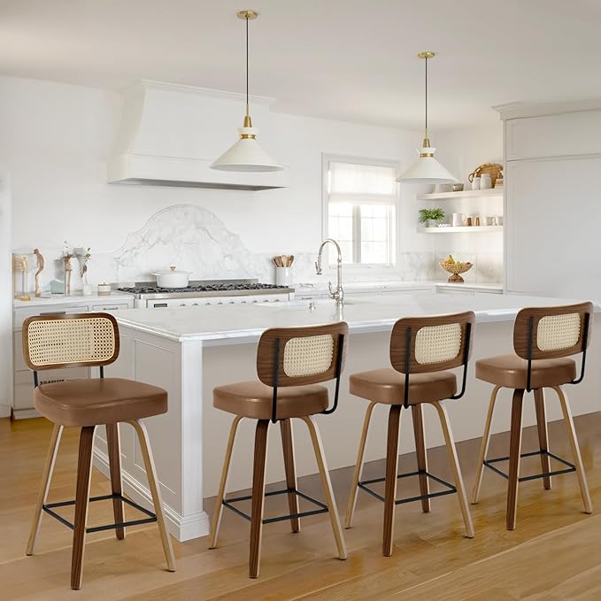 Swivel Bar Stools Set of 4, Upholstered Faux Leather Barstools with Rattan Back, 29" Seat Height Bar Chairs for Kitchen Island, Bentwood Wood Frame, Brown