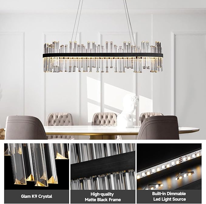 Black Led Modern Crystal Chandelier: 39.3" Rectangle Linear 3 Color Dimmable Chandeliers for Dining Room Over Table - Luxury Rectangular Contemporary Oval Light Fixture for Living Room Bedroom Foyer